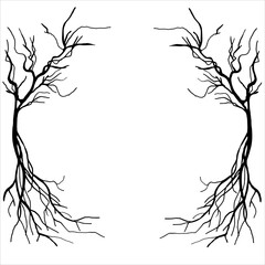 Symmetrical floral decor, frame with decorative stylized bare trees with curved bare trunks. Black silhouette of branches on a white background. Vintage style. Isolated vector illustration.