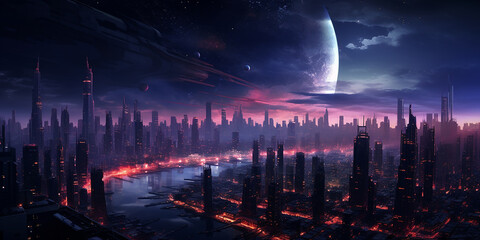 Fototapeta premium Nighttime cyberpunk city illustration wallpaper