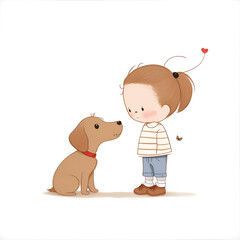 Simple illustration of happy cute little kid play with dog. Children cartoon character playing ing dog pet friend on white background. children activity. Flat illustration.