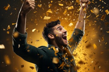 Young man celebrating a victory or winning the lottery shouts with joy, sleeping confetti all around.generative ai
