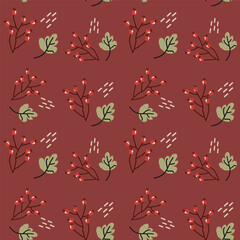 Autumn pattern with leaves and rowan. Vector seamless texture in hand drawn style.