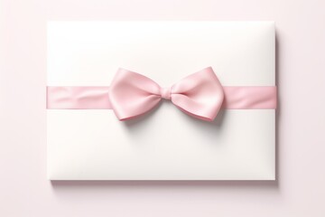 White envelope with a pink ribbon isolated on a light pink background, top view.generative ai
