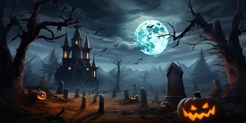 Pumpkin zombie Rising out of A Graveyard cemetery and church In Spooky scary dark Night full moon