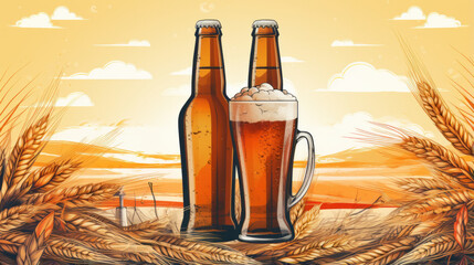 Two beer bottles without labels with cereal or hop decorative elements in the background, vector graphics for beer advertising.generative ai
