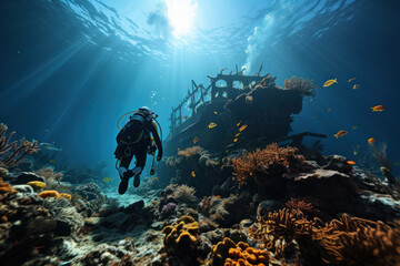 Naklejka na ściany i meble A marine biologist conducts a coral reef survey, contributing to conservation efforts that safeguard the rich biodiversity of ocean ecosystems. Generative AI.