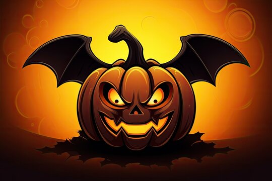 scary painted pumpkin with wings on orange background