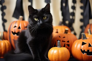 A black halloween cat sits on the floor with pumpkins.
