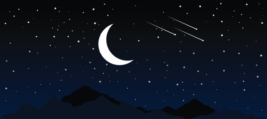 Night Vector poster with star moon mountain background
