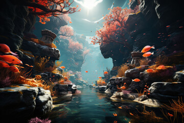 An underwater sanctuary teems with colorful fish and marine plants, showcasing the results of protected areas that promote biodiversity. Generative AI.