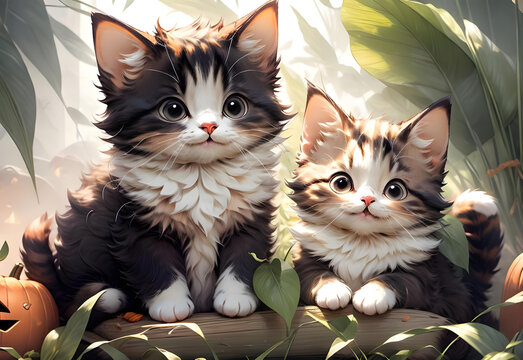 2 cute cat in garden ai generated