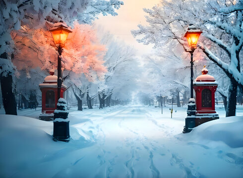 snowy street in winter with street lamp ai generated