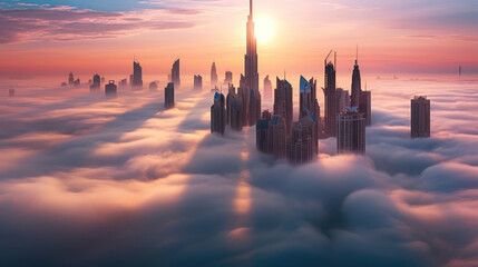 Downtown Dubai with skyscrapers submerged in thick fog during sunrise