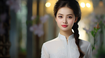 Beautiful Vietnam young woman smile wearing white school uniform Ao Dai traditional dress