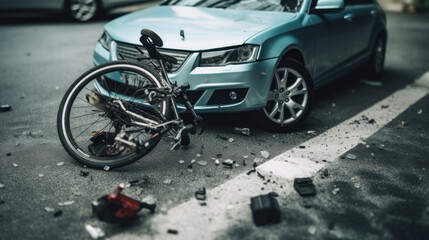 Car and bicycle crash in accident. Top view.