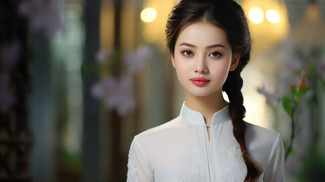 Beautiful Vietnam Young Woman Smile Wearing White School Uniform Ao Dai Traditional Dress