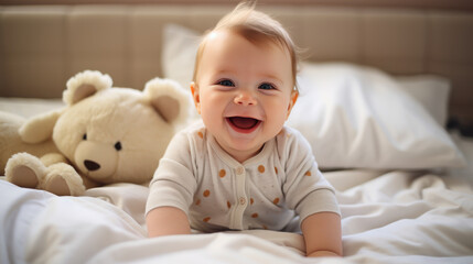 cute baby on the bed cheerful
