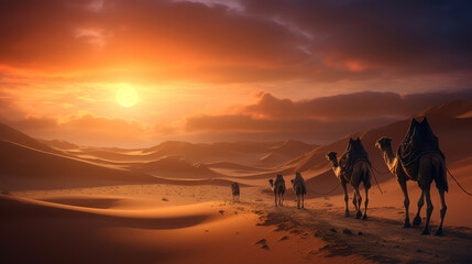 Fototapeta na wymiar Desert landscape sunset and side way camels walking on the desert