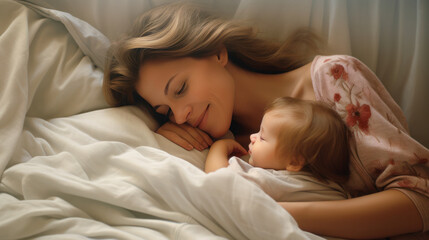 love of mom and cute baby on the bed cheerful