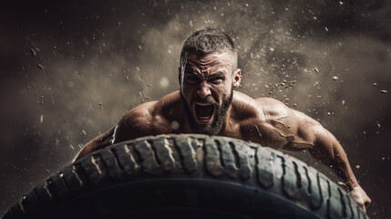 A shirtless man flipping a heavy tire at the gym