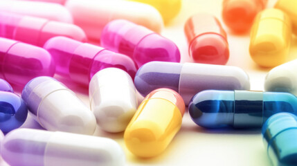 Close up colorful pills and capsules on white background