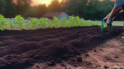 Soil before planting in a prepared vegetable bed. Blurred farmers on the background