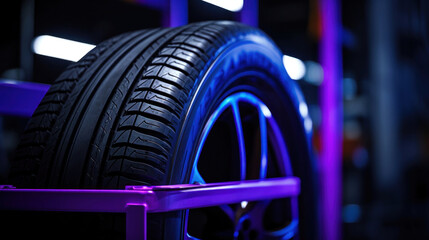 A new tire is placed on the tire storage rack in the car workshop. Purple colors.