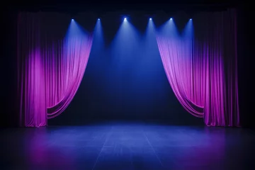 Fotobehang The dark stage shows empty dark blue purple pink background © Teerasak