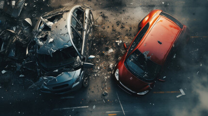 Two cars crash in accident. Top view
