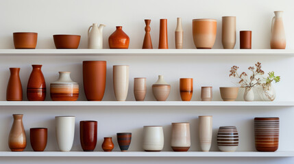 Various clay vases placed on shelf against white background - obrazy, fototapety, plakaty