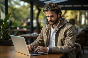 Fototapeta premium A student sits at a desk with a laptop, engrossed in an online lecture, exemplifying the convenience and accessibility of virtual education. Generative AI.