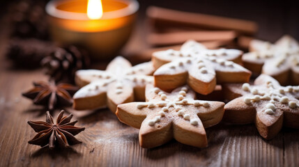 Traditional Christmas cookies: cinnamon, stars and candles on a wooden table