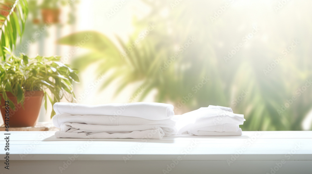 Poster white empty table background on blured laundry background