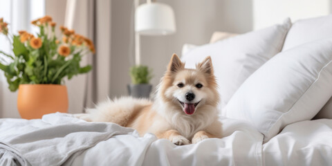 Dog in white bed
