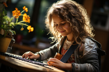 A child practices playing a musical instrument, taking advantage of the time and flexibility homeschooling offers for pursuing hobbies. Generative AI.