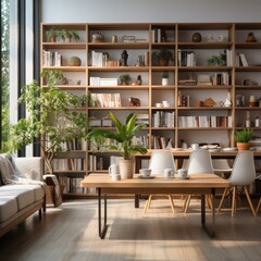 Bright living room interior with large sofa, bookshelves, coffee table, crockery, white wall and oak wooden floor. Concept of minimalist design. Comfortable place for meeting.