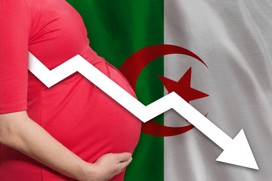 Pregnant woman on Algerian flag background. Falling fertility rate