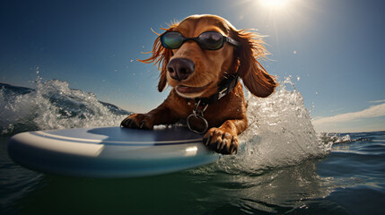 Cool dog surfing with sunglasses in the ocean waves