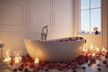 A beautiful relaxing bathroom with a tub and rose petals in the water and candles on the floor. Romantic bathroom or bath.generative ai
 - Powered by Adobe