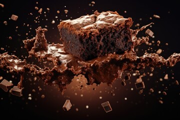 delicious chocolate brownie floating in the air - obrazy, fototapety, plakaty