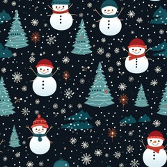 A seamless pattern showcasing snowmen and Christmas trees, with delicate snowflakes falling all around, creating a whimsical winter wonderland. Illustration, Generative AI