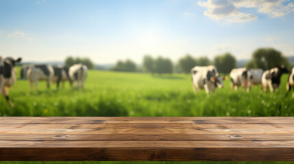 Beautiful summer meadow background with cows and a wooden table in the foreground with space for products, inscriptions or text.generative ai
