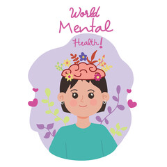 Cute woman heal anxiety and overthinking celebrate world mental health illustration
