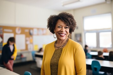 smiling african american female teacher standing in classroom - obrazy, fototapety, plakaty