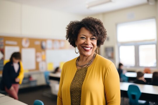 smiling african american female teacher standing in classroom