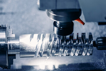 CNC turning drill milling factory processes steel turbine part process. Metal machine tools industry