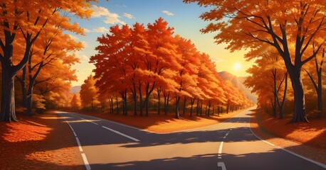 Naklejka na ściany i meble image of golden autumn forest and road, AI generation