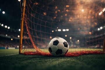 Soccer ball on the field. Fire in the goal. The concept of sports, entertainment and competition.