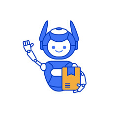 Robot mascot delivering package illustration. Robot carrying parcel illustration