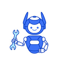 Robot holding wrench vector illustration. Robot character pose