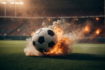Soccer ball in the smoke on the field. The concept of a fight for the ball.